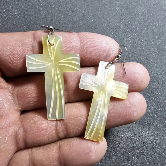 Mother Of Pearl White Hand Made Carved  Cross Earings shows signs of wear see pi - Picture 1 of 7